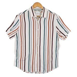 Denim & Flower Ricky Singh Camp Shirt Mens S‎ White Colorful Striped Aloha Pride